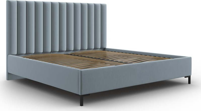 Světle modrá čalouněná dvoulůžková postel s úložným prostorem s roštem 200x200 cm Casey – Mazzini Beds Mazzini Beds